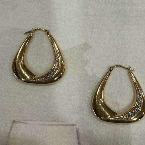 14 karat Gold hoop earrings with diamond accents. - Picture 2 of 4